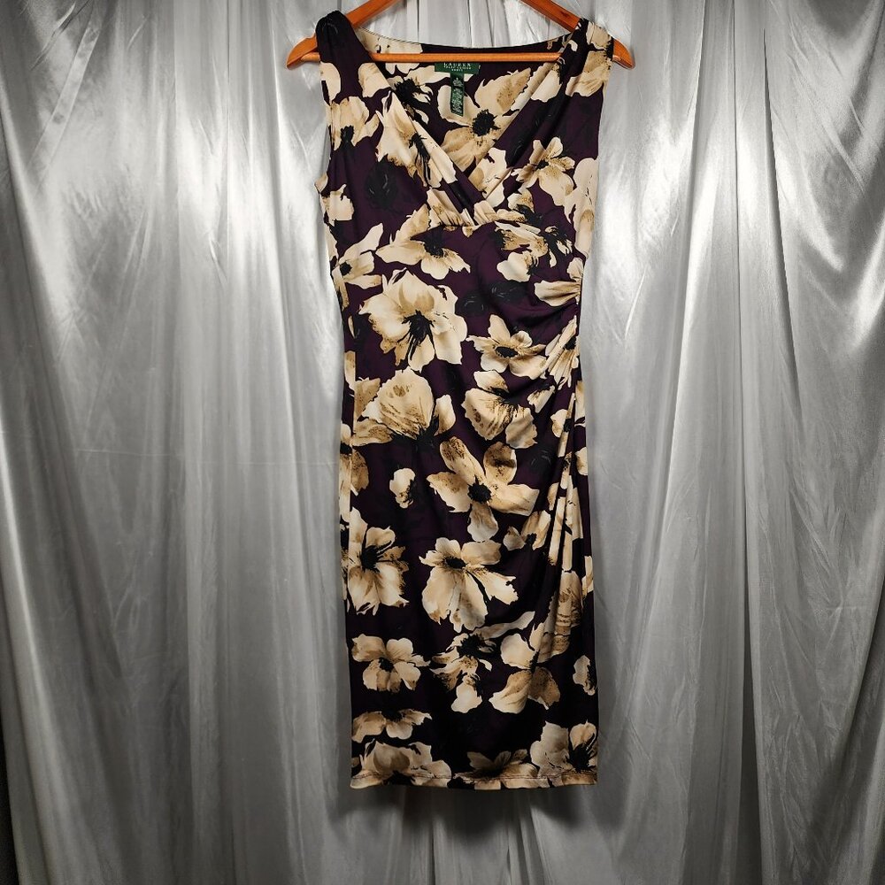 Lauren Ralph Lauren Ruched Wrap Knit Dress Deep Purple, Cream, Brown and Black
